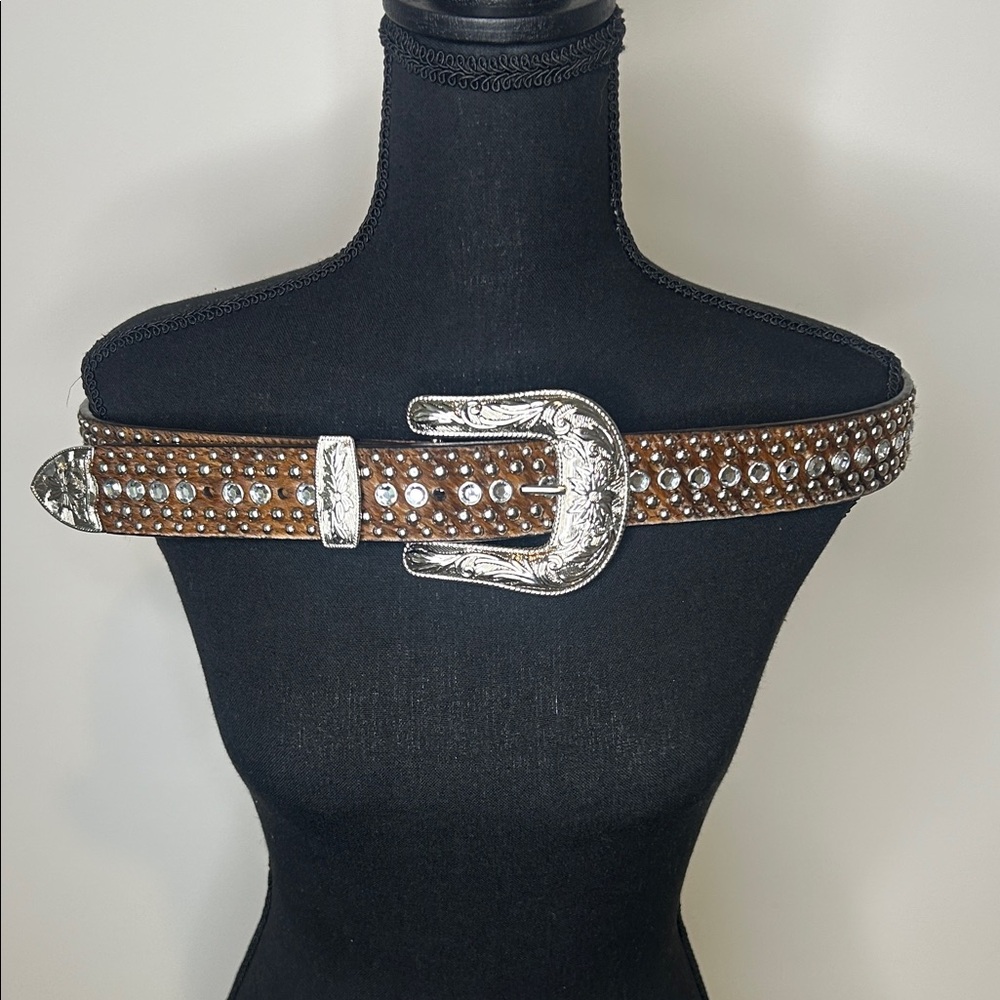 Western Studded Brown Leather BB Belt with Ornate Silver Buckle Y2K